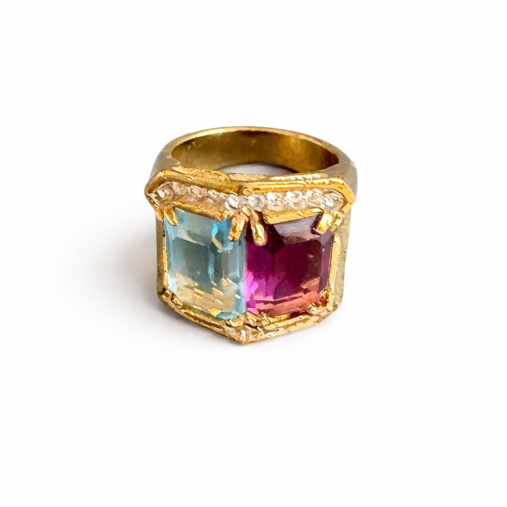 Vintage Style Gold Tone Cocktail Ring Blue & Purple Stones Chunky Statement Ring